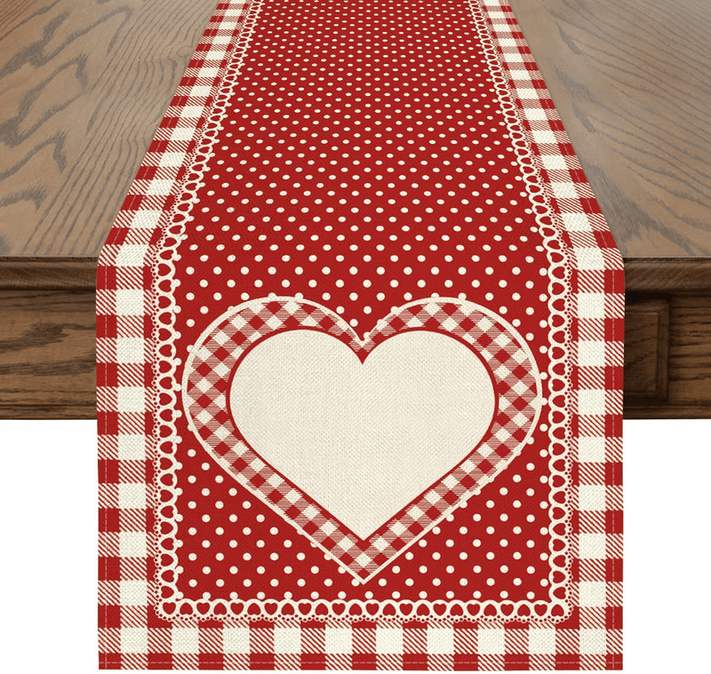 Artoid Mode Buffalo Plaid Polka Dot Heart Valentine'S Day Table Runner, Seasonal Anniversary Wedding Holiday Kitchen Dining Table Decoration for Indoor Outdoor Home Party Decor 13 X 72 Inch Home & Garden > Decor > Seasonal & Holiday Decorations Artoid Mode   