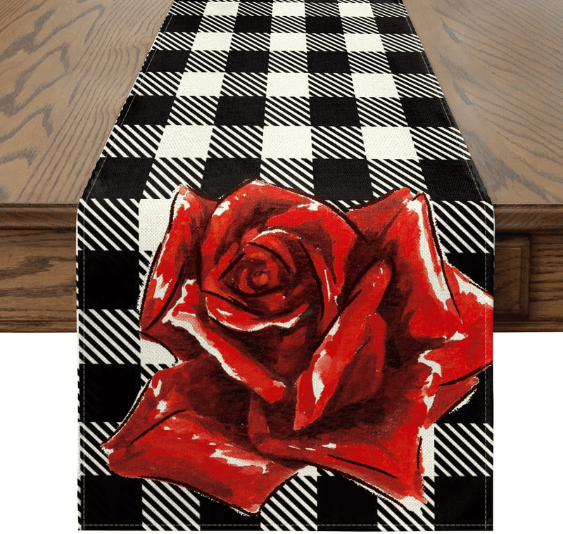 Artoid Mode Buffalo Plaid Rose Flower Valentine'S Day Table Runner, Seasonal Anniversary Wedding Holiday Kitchen Dining Table Decor for Indoor Outdoor Home Party 13 X 72 Inch Home & Garden > Decor > Seasonal & Holiday Decorations Artoid Mode   