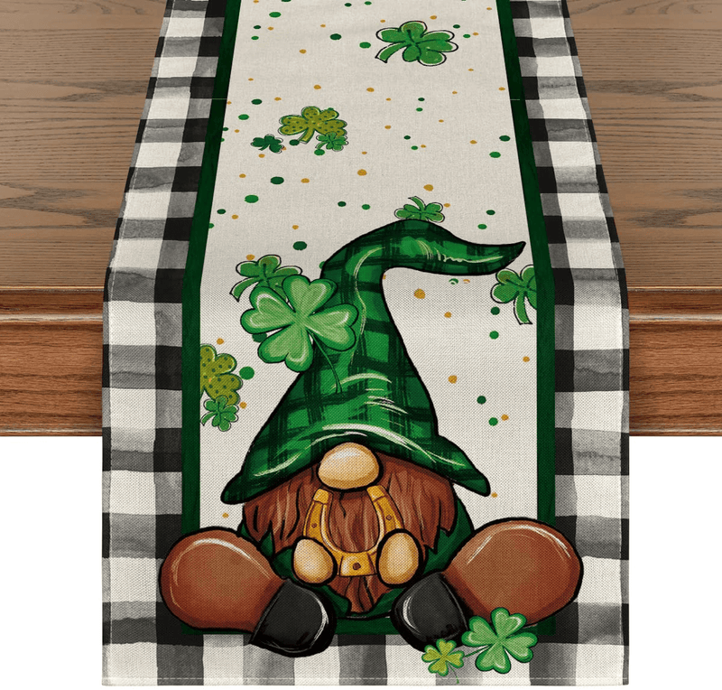 Artoid Mode Buffalo Plaid Shamrock Gnome St. Patrick'S Day Table Runner, Seasonal Spring Anniversary Wedding Holiday Kitchen Dining Table Decoration for Indoor Outdoor Home Party Decor 13 X 72 Inch Arts & Entertainment > Party & Celebration > Party Supplies Artoid Mode Table Runner, 13" x 72"  