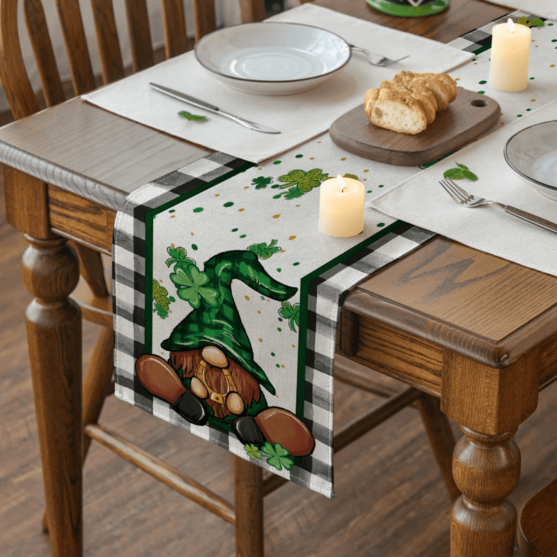 Artoid Mode Buffalo Plaid Shamrock Gnome St. Patrick'S Day Table Runner, Seasonal Spring Anniversary Wedding Holiday Kitchen Dining Table Decoration for Indoor Outdoor Home Party Decor 13 X 72 Inch Arts & Entertainment > Party & Celebration > Party Supplies Artoid Mode   
