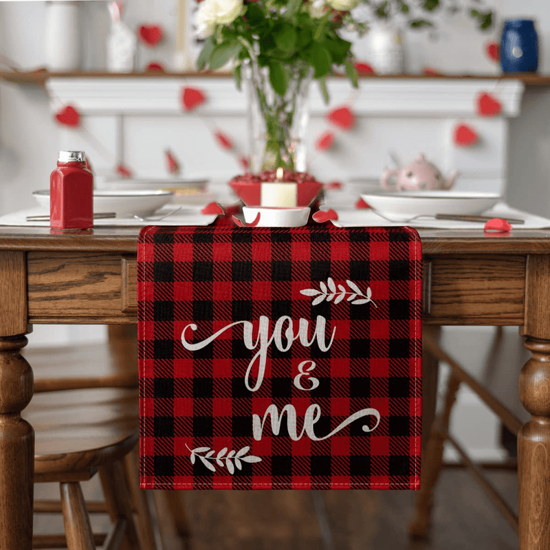 Artoid Mode Buffalo Plaid You & Me Table Runner, Seasonal Valentine'S Day Anniversary Wedding Holiday Kitchen Dining Table Runners for Home Party Decor 13 X 72 Inch Home & Garden > Decor > Seasonal & Holiday Decorations Artoid Mode   