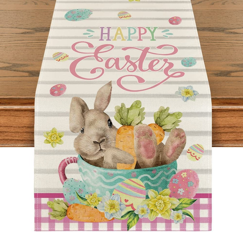 Artoid Mode Bunny Carrots Cup Pink Buffalo Plaid Easter Table Runner, Holiday Spring Kitchen Dining Table Decoration for Home Party Decor 13X72 Inch Home & Garden > Decor > Seasonal & Holiday Decorations Artoid Mode Pink Table Runner, 13" x 72" 
