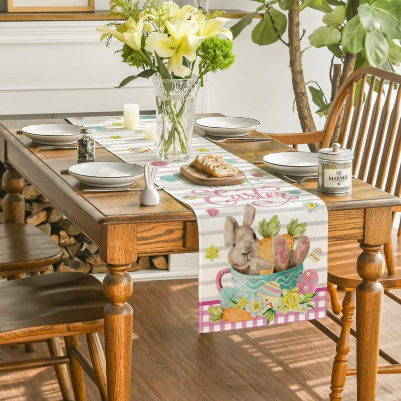 Artoid Mode Bunny Carrots Cup Pink Buffalo Plaid Easter Table Runner, Holiday Spring Kitchen Dining Table Decoration for Home Party Decor 13X72 Inch Home & Garden > Decor > Seasonal & Holiday Decorations Artoid Mode   