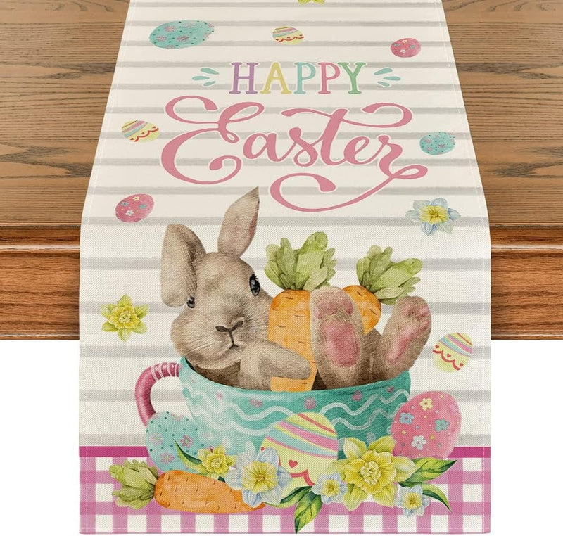 Artoid Mode Bunny Carrots Cup Pink Buffalo Plaid Easter Table Runner, Holiday Spring Kitchen Dining Table Decoration for Home Party Decor 13X72 Inch Home & Garden > Decor > Seasonal & Holiday Decorations Artoid Mode Pink 13" x 48", Table Runner 