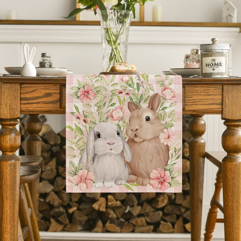 Artoid Mode Bunny Rabbit Flowers Leaves Pink Buffalo Plaid Easter Table Runner, Spring Kitchen Dining Table Decoration for Home Party Decor 13X72 Inch Home & Garden > Decor > Seasonal & Holiday Decorations Artoid Mode   