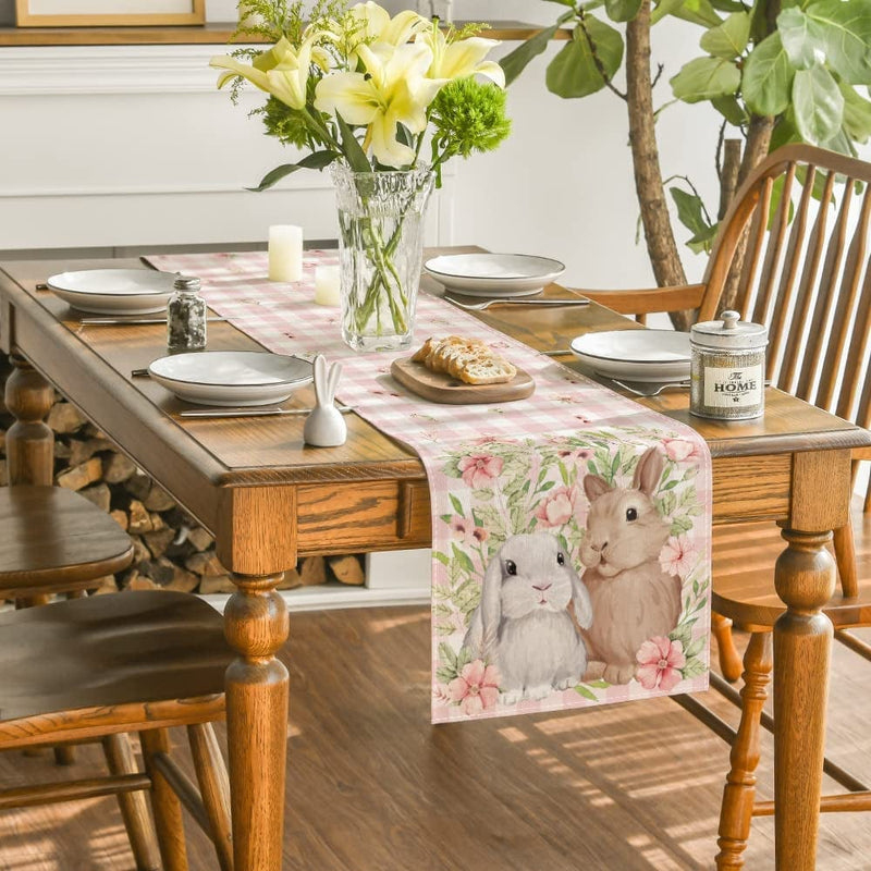 Artoid Mode Bunny Rabbit Flowers Leaves Pink Buffalo Plaid Easter Table Runner, Spring Kitchen Dining Table Decoration for Home Party Decor 13X72 Inch