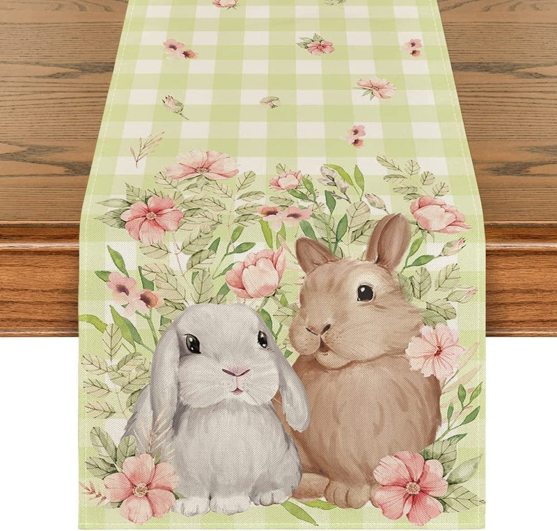 Artoid Mode Bunny Rabbit Flowers Leaves Pink Buffalo Plaid Easter Table Runner, Spring Kitchen Dining Table Decoration for Home Party Decor 13X72 Inch Home & Garden > Decor > Seasonal & Holiday Decorations Artoid Mode Green 13" x 72", Table Runner 