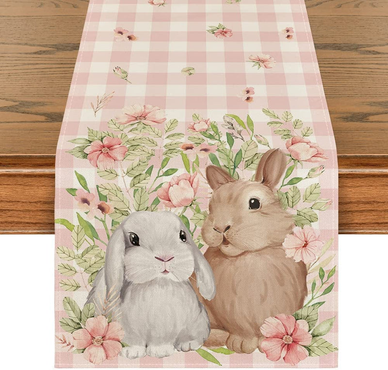 Artoid Mode Bunny Rabbit Flowers Leaves Pink Buffalo Plaid Easter Table Runner, Spring Kitchen Dining Table Decoration for Home Party Decor 13X72 Inch