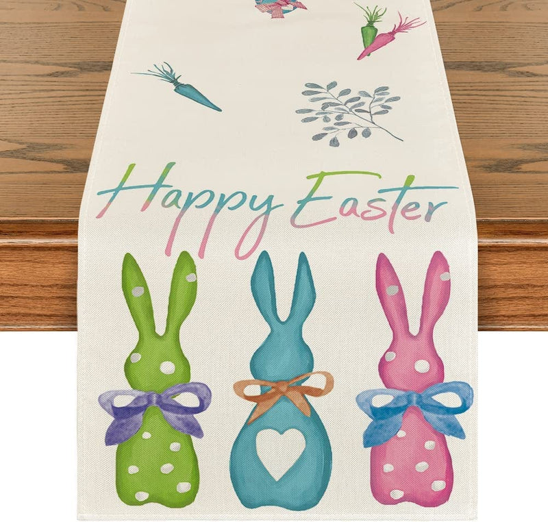 Artoid Mode Carrots Rabbit Bunny Happy Easter Table Runner, Spring Summer Seasonal Holiday Kitchen Dining Table Decoration for Indoor Outdoor Home Party Decor 13 X 72 Inch Home & Garden > Decor > Seasonal & Holiday Decorations Artoid Mode Green/Blue/Pink 13" x 60", Table Runner 