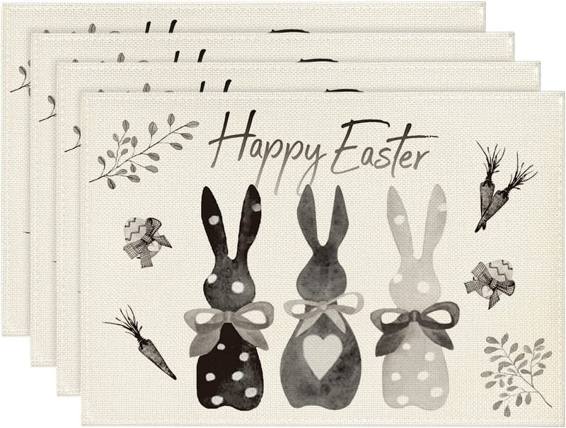 Artoid Mode Carrots Rabbit Bunny Happy Easter Table Runner, Spring Summer Seasonal Holiday Kitchen Dining Table Decoration for Indoor Outdoor Home Party Decor 13 X 72 Inch Home & Garden > Decor > Seasonal & Holiday Decorations Artoid Mode Black/Grey/White 12" x 18", Placemats Set of 4 