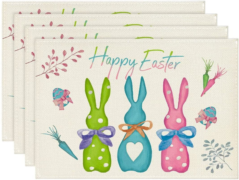 Artoid Mode Carrots Rabbit Bunny Happy Easter Table Runner, Spring Summer Seasonal Holiday Kitchen Dining Table Decoration for Indoor Outdoor Home Party Decor 13 X 72 Inch Home & Garden > Decor > Seasonal & Holiday Decorations Artoid Mode Green/Blue/Pink 12" x 18", Placemats Set of 4 
