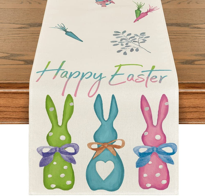 Artoid Mode Carrots Rabbit Bunny Happy Easter Table Runner, Spring Summer Seasonal Holiday Kitchen Dining Table Decoration for Indoor Outdoor Home Party Decor 13 X 72 Inch Home & Garden > Decor > Seasonal & Holiday Decorations Artoid Mode Green/Blue/Pink 13" x 48", Table Runner 