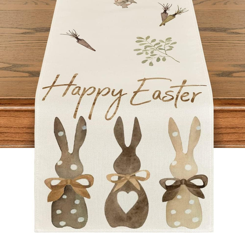 Artoid Mode Carrots Rabbit Bunny Happy Easter Table Runner, Spring Summer Seasonal Holiday Kitchen Dining Table Decoration for Indoor Outdoor Home Party Decor 13 X 72 Inch Home & Garden > Decor > Seasonal & Holiday Decorations Artoid Mode Beige 13" x 108", Table Runner 