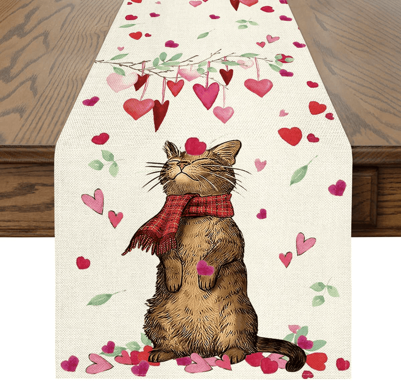 Artoid Mode Cat Branches Leaves Heart Valentine'S Day Table Runner, Seasonal Anniversary Wedding Holiday Kitchen Dining Table Decoration for Indoor Outdoor Home Party Decor 13 X 72 Inch Home & Garden > Decor > Seasonal & Holiday Decorations Artoid Mode Table Runner, 13" x 90"  