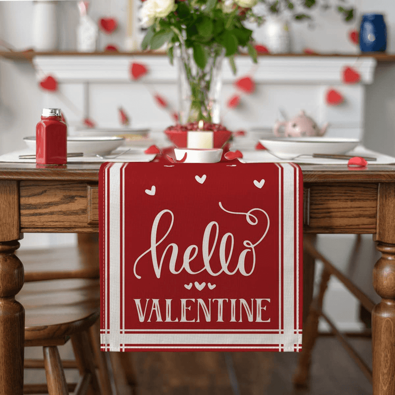 Artoid Mode Elegant French Stripe Hearts Love Hello Valentine'S Day Table Runner, Seasonal Anniversary Wedding Holiday Kitchen Dining Table Decoration for Indoor Outdoor Home Party Decor 13 X 72 Inch Home & Garden > Decor > Seasonal & Holiday Decorations Artoid Mode   