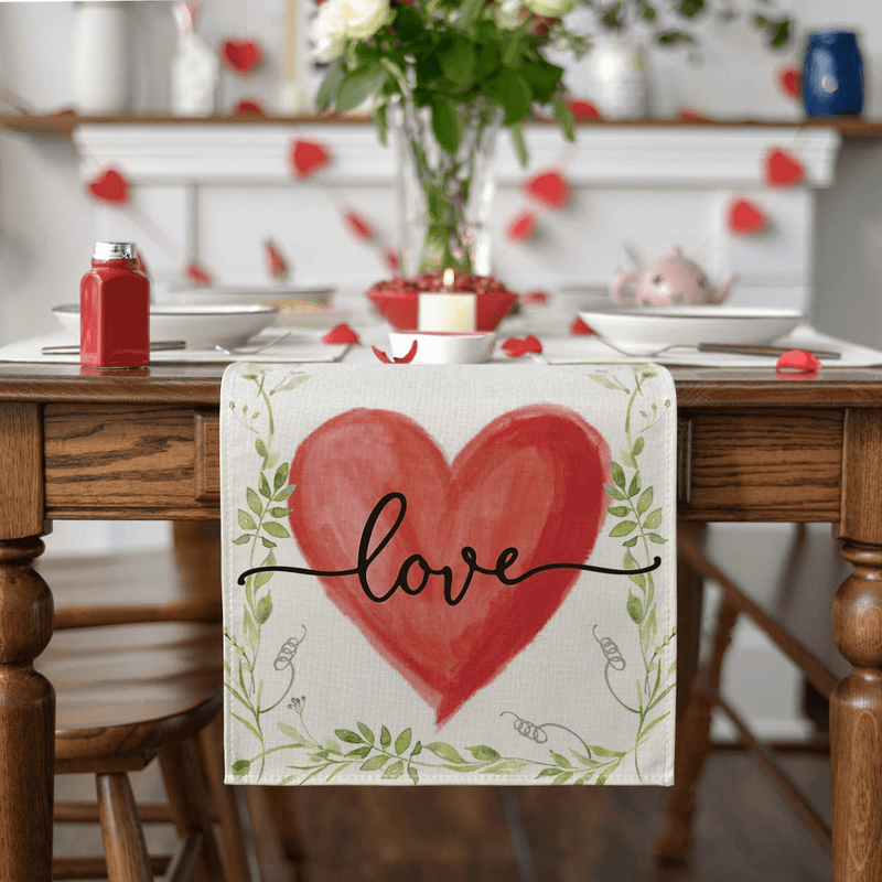 Artoid Mode Eucalyptus Heart Love Elegant Valentine'S Day Table Runner, Seasonal Anniversary Wedding Holiday Kitchen Dining Table Decoration for Indoor Outdoor Home Party Decor 13 X 72 Inch Home & Garden > Decor > Seasonal & Holiday Decorations Artoid Mode   