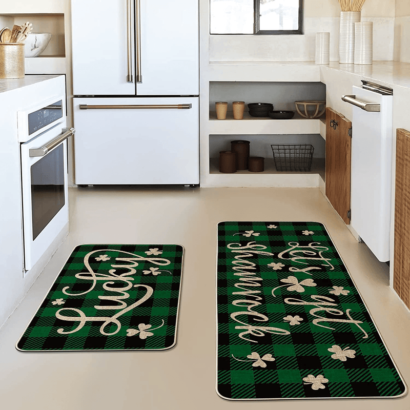 Artoid Mode Green Buffalo Plaid Let'S Get Shamrock Lucky Clover Kitchen Mats Set of 2, Seasonal St. Patrick'S Day Anniversary Holiday Decorations for Home Kitchen - 17 X 29 Inch and 17X47 Inch Arts & Entertainment > Party & Celebration > Party Supplies Artoid Mode   