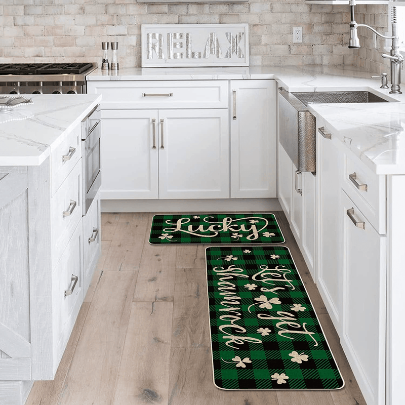 Artoid Mode Green Buffalo Plaid Let'S Get Shamrock Lucky Clover Kitchen Mats Set of 2, Seasonal St. Patrick'S Day Anniversary Holiday Decorations for Home Kitchen - 17 X 29 Inch and 17X47 Inch Arts & Entertainment > Party & Celebration > Party Supplies Artoid Mode   
