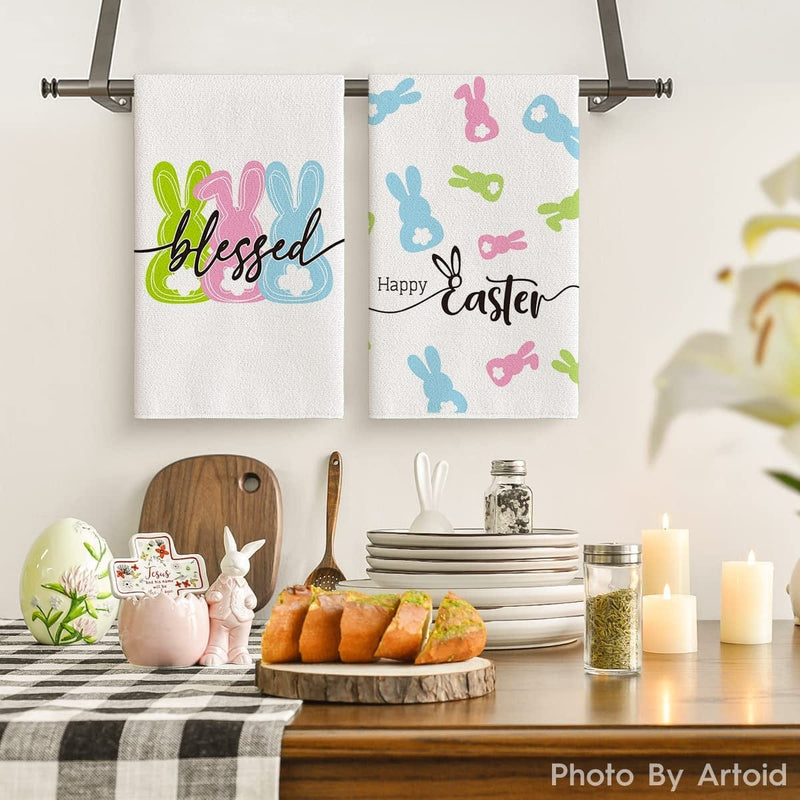 Artoid Mode Green Pink Blue Bunny Rabbits Blessed Happy Easter Kitchen Towels Dish Towels, 18X26 Inch Seasonal Decoration Hand Towels Set of 4 Home & Garden > Decor > Seasonal & Holiday Decorations Artoid Mode   
