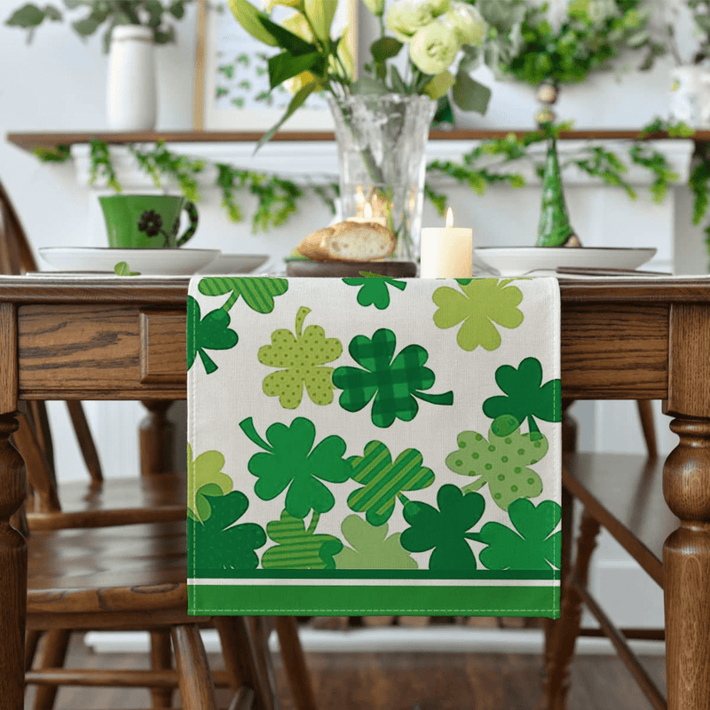 Artoid Mode Green Shamrock St. Patrick'S Day Table Runner, Seasonal Spring Anniversary Wedding Holiday Kitchen Dining Table Decoration for Indoor Outdoor Home Party Decor 13 X 72 Inch Home & Garden > Decor > Seasonal & Holiday Decorations Artoid Mode   