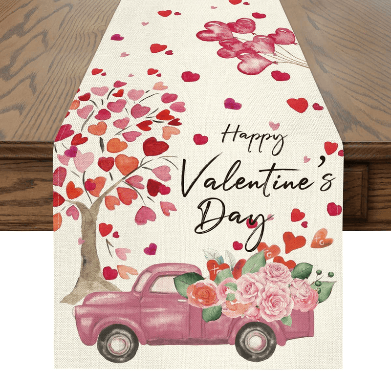 Artoid Mode Heart Tree Truck Rose Balloon Happy Valentine'S Day Table Runner, Seasonal Anniversary Wedding Holiday Kitchen Dining Table Decoration for Indoor Outdoor Home Party Decor 13 X 72 Inch Home & Garden > Decor > Seasonal & Holiday Decorations Artoid Mode   