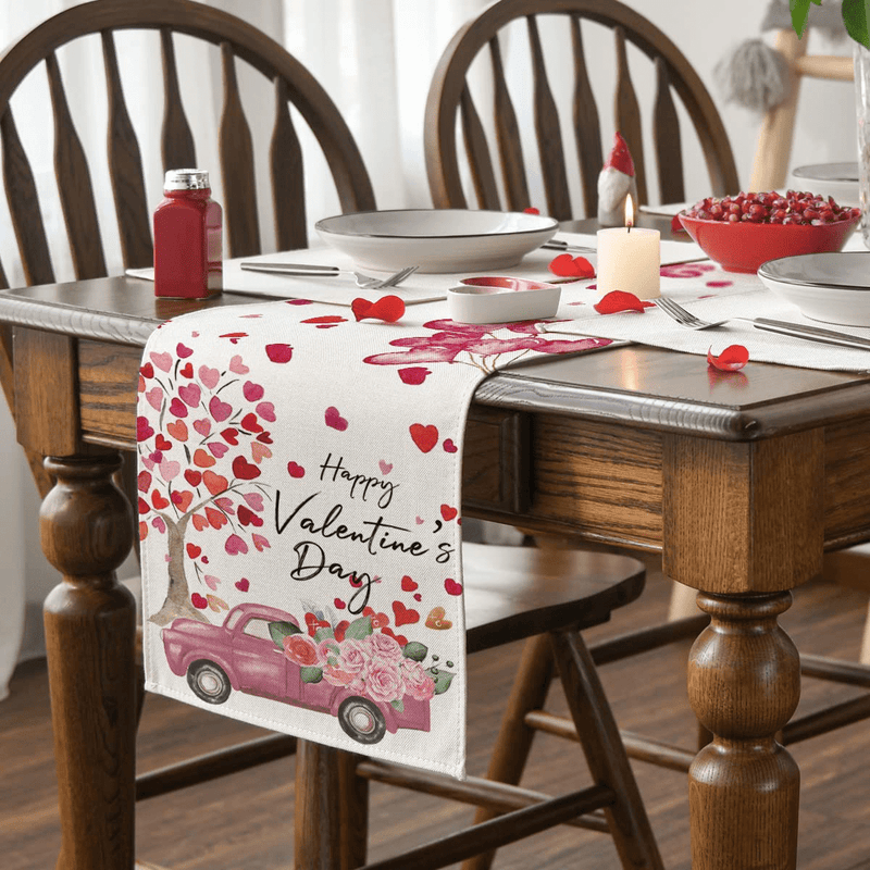 Artoid Mode Heart Tree Truck Rose Balloon Happy Valentine'S Day Table Runner, Seasonal Anniversary Wedding Holiday Kitchen Dining Table Decoration for Indoor Outdoor Home Party Decor 13 X 72 Inch Home & Garden > Decor > Seasonal & Holiday Decorations Artoid Mode   
