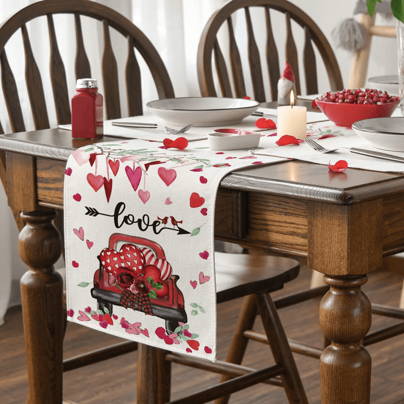 Artoid Mode Hearts Truck Love Valentine'S Day Table Runner, Seasonal Anniversary Wedding Holiday Kitchen Dining Table Decoration for Indoor Outdoor Home Party Decor 13 X 72 Inch Home & Garden > Decor > Seasonal & Holiday Decorations Artoid Mode   