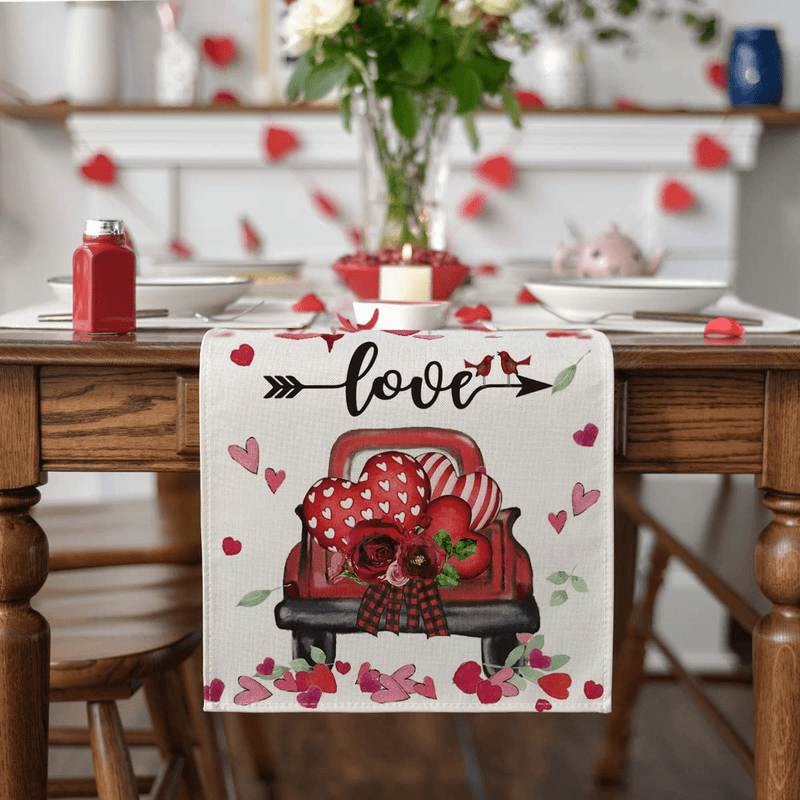 Artoid Mode Hearts Truck Love Valentine'S Day Table Runner, Seasonal Anniversary Wedding Holiday Kitchen Dining Table Decoration for Indoor Outdoor Home Party Decor 13 X 72 Inch Home & Garden > Decor > Seasonal & Holiday Decorations Artoid Mode   
