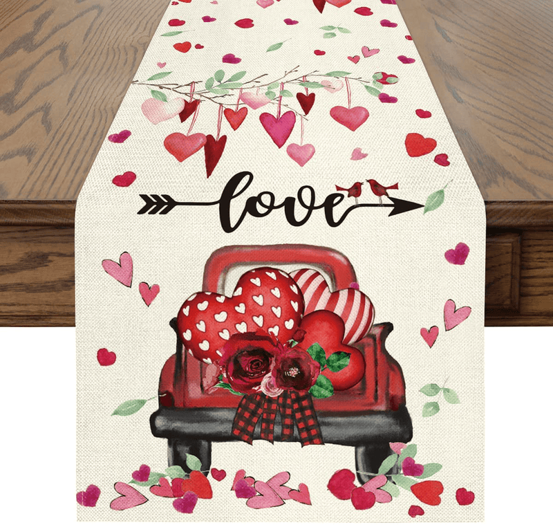 Artoid Mode Hearts Truck Love Valentine'S Day Table Runner, Seasonal Anniversary Wedding Holiday Kitchen Dining Table Decoration for Indoor Outdoor Home Party Decor 13 X 72 Inch Home & Garden > Decor > Seasonal & Holiday Decorations Artoid Mode Table Runner, 13" x 108"  
