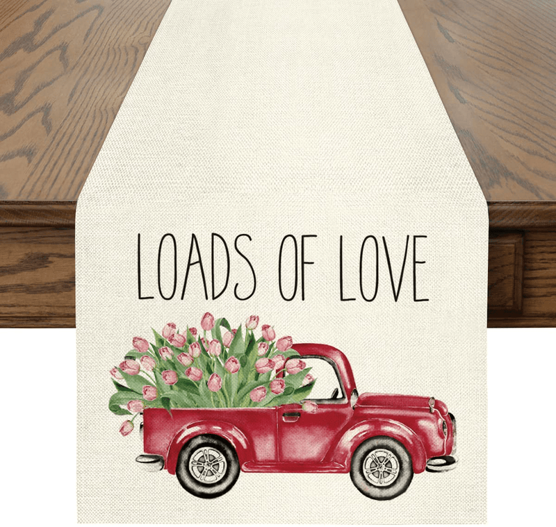 Artoid Mode Loads of Love Table Runner, Seasonal Tulips Truck Valentine'S Day Anniversary Wedding Holiday Kitchen Dining Table Runners for Home Party Decor 13 X 72 Inch Home & Garden > Decor > Seasonal & Holiday Decorations Artoid Mode 13" x 108"  