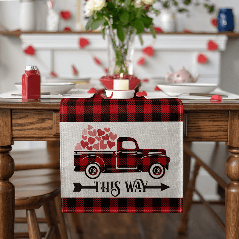 Artoid Mode Love Buffalo Love Heart Truck Table Runner, Seasonal Valentine'S Day Anniversary Wedding Holiday Kitchen Dining Table Runners for Home Party Decor 13 X 72 Inch Home & Garden > Decor > Seasonal & Holiday Decorations Artoid Mode   