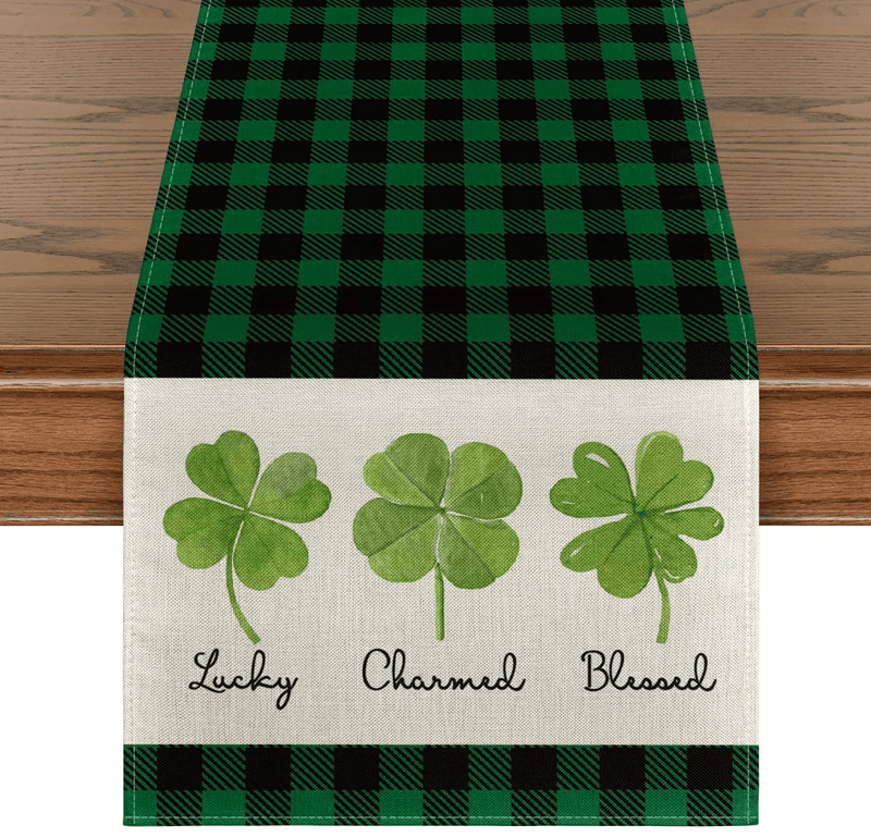 Artoid Mode Lucky Charmed Blessed Clover Shamrock Table Runner, Seasonal Buffalo Plaid St. Patrick'S Day Holiday Kitchen Dining Table Runner for Home Party Decor 13 X 72 Inch Home & Garden > Decor > Seasonal & Holiday Decorations Artoid Mode 13" x 108"  