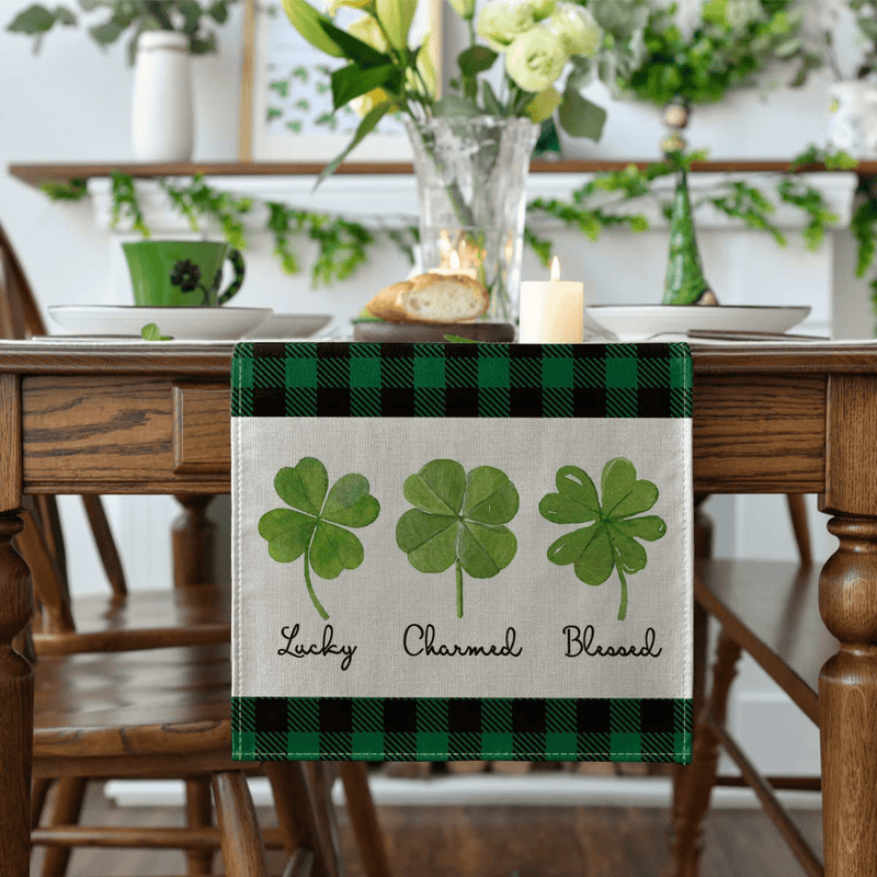 Artoid Mode Lucky Charmed Blessed Clover Shamrock Table Runner, Seasonal Buffalo Plaid St. Patrick'S Day Holiday Kitchen Dining Table Runner for Home Party Decor 13 X 72 Inch Home & Garden > Decor > Seasonal & Holiday Decorations Artoid Mode   