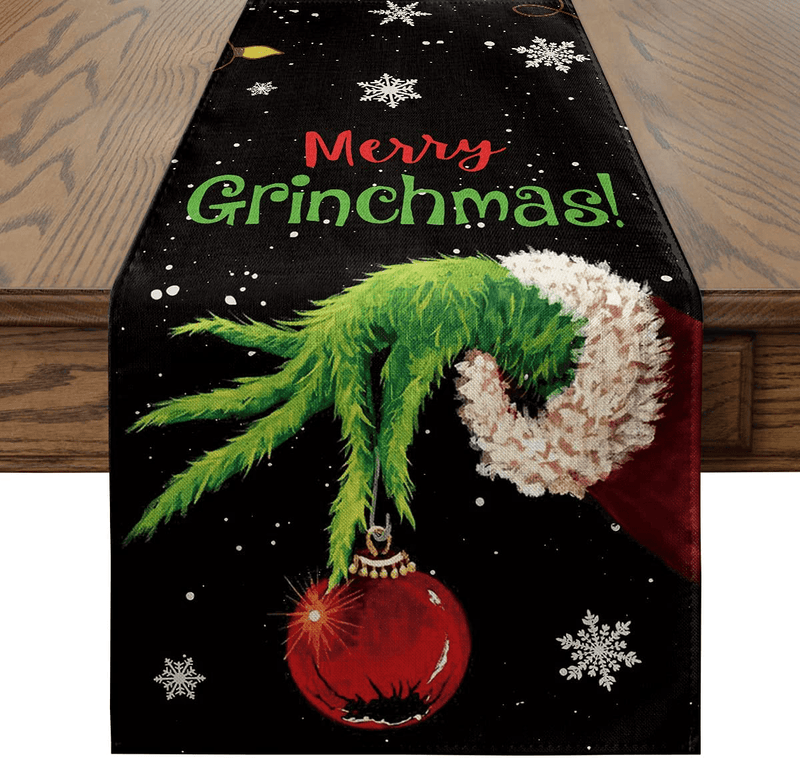 Artoid Mode Merry Grinchmas Christmas Table Runner Black, Seasonal Winter Xmas Holiday Kitchen Dining Table Decoration for Indoor Outdoor Home Party Decor 13 x 72 Inch Home & Garden > Decor > Seasonal & Holiday Decorations& Garden > Decor > Seasonal & Holiday Decorations Artoid Mode Table Runner, 13" x 72"  