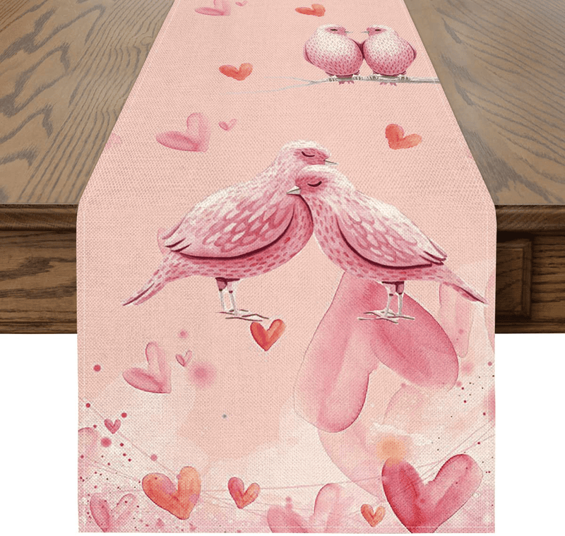 Artoid Mode Pink Bird Heart Branches Valentine'S Day Table Runner, Seasonal Anniversary Wedding Holiday Kitchen Dining Table Decoration for Indoor Outdoor Home Party Decor 13 X 72 Inch Home & Garden > Decor > Seasonal & Holiday Decorations Artoid Mode   