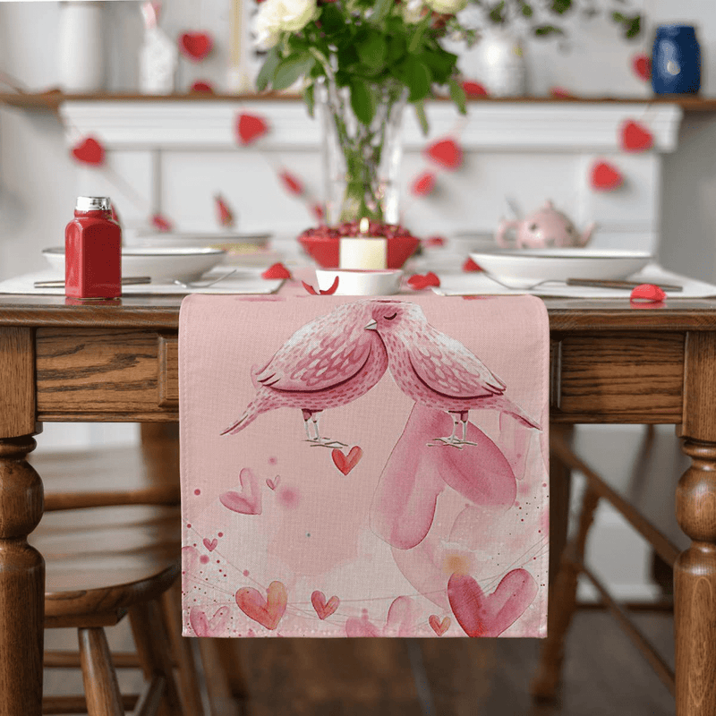 Artoid Mode Pink Bird Heart Branches Valentine'S Day Table Runner, Seasonal Anniversary Wedding Holiday Kitchen Dining Table Decoration for Indoor Outdoor Home Party Decor 13 X 72 Inch Home & Garden > Decor > Seasonal & Holiday Decorations Artoid Mode   