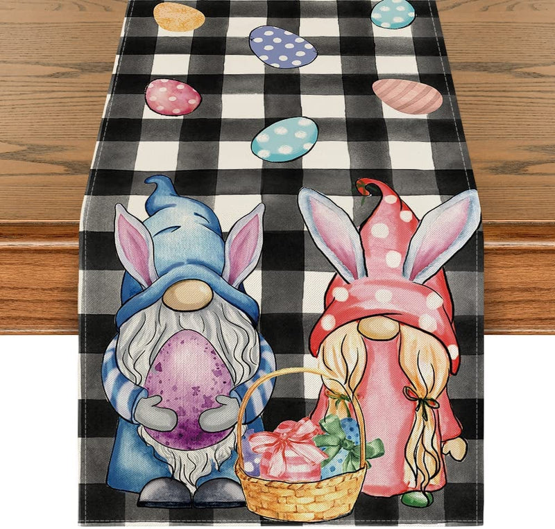 Artoid Mode Pink Green Buffalo Plaid Bunny Gnomes Eggs Easter Table Runner, Spring Summer Seasonal Holiday Kitchen Dining Table Decor for Indoor Outdoor Home Party Decoration 13 X 72 Inch Home & Garden > Decor > Seasonal & Holiday Decorations Artoid Mode Black/White 13" x 36", Table Runner 