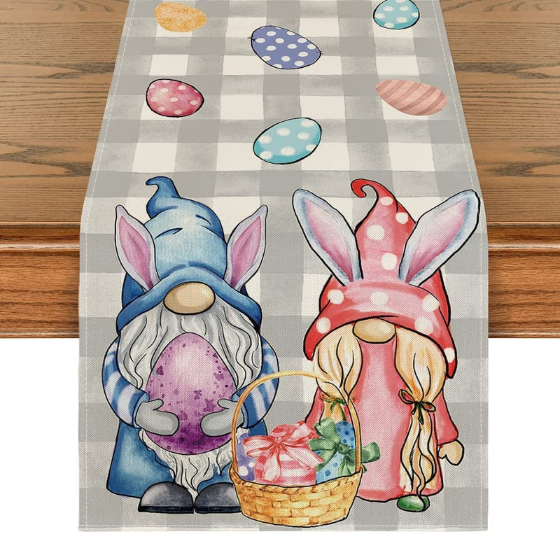 Artoid Mode Pink Green Buffalo Plaid Bunny Gnomes Eggs Easter Table Runner, Spring Summer Seasonal Holiday Kitchen Dining Table Decor for Indoor Outdoor Home Party Decoration 13 X 72 Inch Home & Garden > Decor > Seasonal & Holiday Decorations Artoid Mode Grey /White 13" x 72", Table Runner 