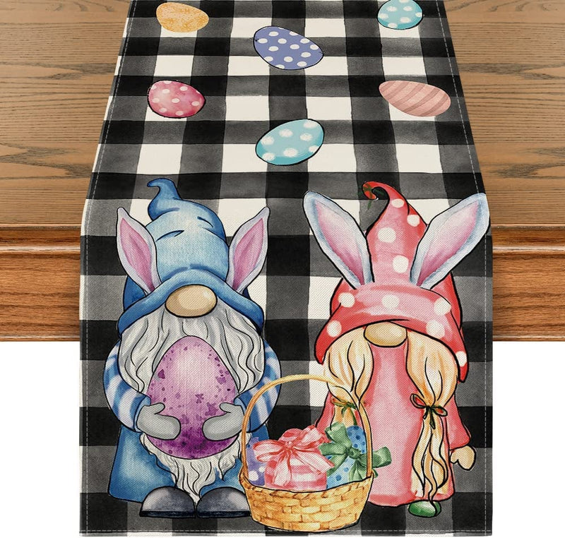 Artoid Mode Pink Green Buffalo Plaid Bunny Gnomes Eggs Easter Table Runner, Spring Summer Seasonal Holiday Kitchen Dining Table Decor for Indoor Outdoor Home Party Decoration 13 X 72 Inch Home & Garden > Decor > Seasonal & Holiday Decorations Artoid Mode Black/White 13" x 72", Table Runner 