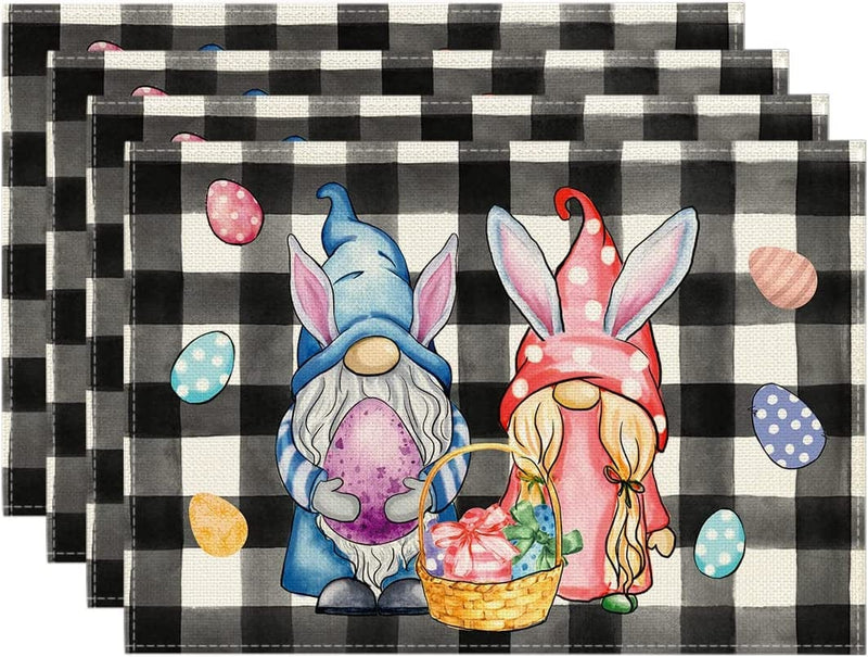 Artoid Mode Pink Green Buffalo Plaid Bunny Gnomes Eggs Easter Table Runner, Spring Summer Seasonal Holiday Kitchen Dining Table Decor for Indoor Outdoor Home Party Decoration 13 X 72 Inch Home & Garden > Decor > Seasonal & Holiday Decorations Artoid Mode Black/White 12" x 18", Placemats Set of 4 