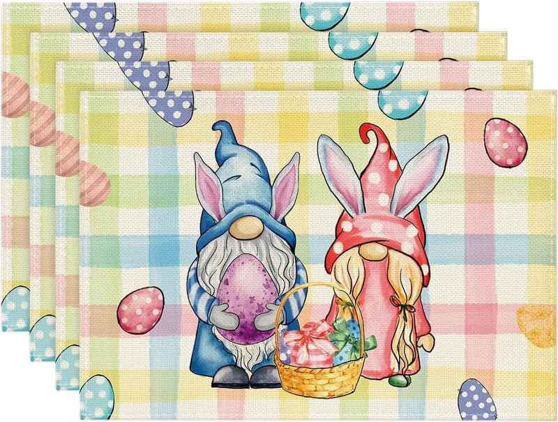 Artoid Mode Pink Green Buffalo Plaid Bunny Gnomes Eggs Easter Table Runner, Spring Summer Seasonal Holiday Kitchen Dining Table Decor for Indoor Outdoor Home Party Decoration 13 X 72 Inch Home & Garden > Decor > Seasonal & Holiday Decorations Artoid Mode Grey/White 12" x 18", Placemats Set of 4 