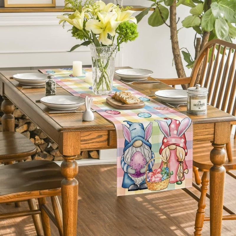 Artoid Mode Pink Green Buffalo Plaid Bunny Gnomes Eggs Easter Table Runner, Spring Summer Seasonal Holiday Kitchen Dining Table Decor for Indoor Outdoor Home Party Decoration 13 X 72 Inch Home & Garden > Decor > Seasonal & Holiday Decorations Artoid Mode   