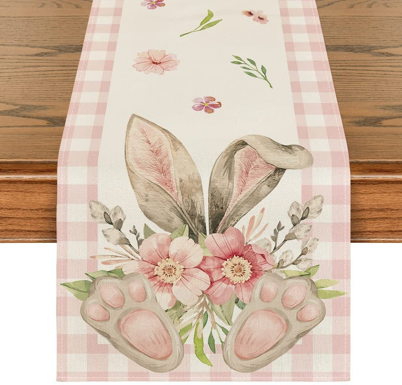 Artoid Mode Pink White Buffalo Plaid Bunny Ear Foot Flower Easter Table Runner, Seasonal Kitchen Dining Table Decoration for Home Party Decor 13X72 Inch Home & Garden > Decor > Seasonal & Holiday Decorations Artoid Mode Pink/White 13" x 72", Table Runner 