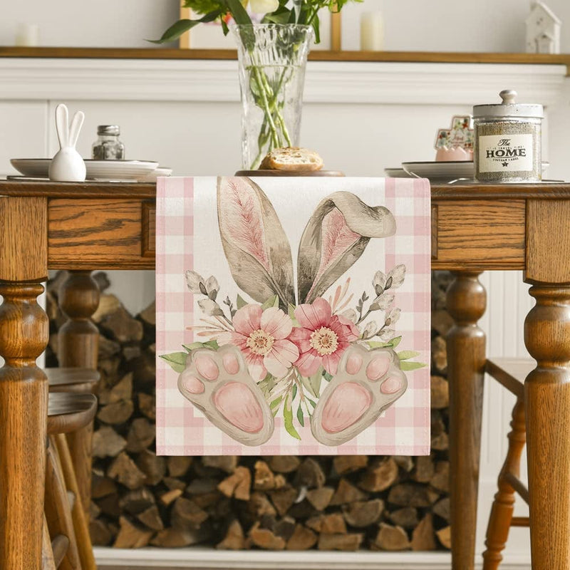 Artoid Mode Pink White Buffalo Plaid Bunny Ear Foot Flower Easter Table Runner, Seasonal Kitchen Dining Table Decoration for Home Party Decor 13X72 Inch Home & Garden > Decor > Seasonal & Holiday Decorations Artoid Mode   