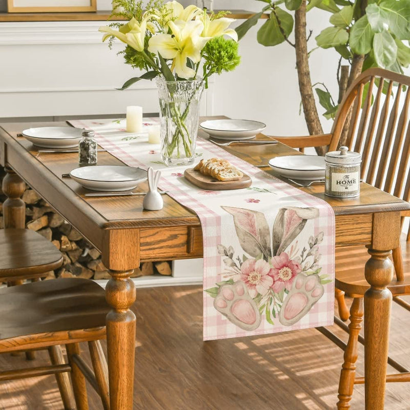 Artoid Mode Pink White Buffalo Plaid Bunny Ear Foot Flower Easter Table Runner, Seasonal Kitchen Dining Table Decoration for Home Party Decor 13X72 Inch Home & Garden > Decor > Seasonal & Holiday Decorations Artoid Mode   