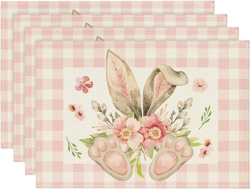 Artoid Mode Pink White Buffalo Plaid Bunny Ear Foot Flower Easter Table Runner, Seasonal Kitchen Dining Table Decoration for Home Party Decor 13X72 Inch Home & Garden > Decor > Seasonal & Holiday Decorations Artoid Mode Pink/White 12" x 18", Placemats Set of 4 
