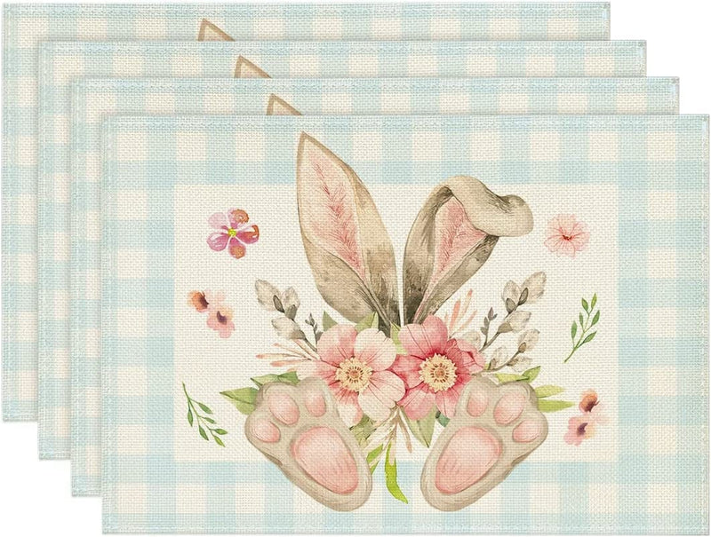 Artoid Mode Pink White Buffalo Plaid Bunny Ear Foot Flower Easter Table Runner, Seasonal Kitchen Dining Table Decoration for Home Party Decor 13X72 Inch Home & Garden > Decor > Seasonal & Holiday Decorations Artoid Mode Blue/White 12" x 18", Placemats Set of 4 