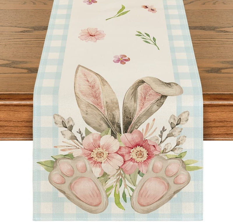 Artoid Mode Pink White Buffalo Plaid Bunny Ear Foot Flower Easter Table Runner, Seasonal Kitchen Dining Table Decoration for Home Party Decor 13X72 Inch Home & Garden > Decor > Seasonal & Holiday Decorations Artoid Mode Blue/White 13" x 72", Table Runner 