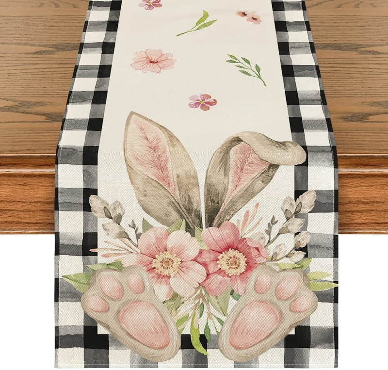 Artoid Mode Pink White Buffalo Plaid Bunny Ear Foot Flower Easter Table Runner, Seasonal Kitchen Dining Table Decoration for Home Party Decor 13X72 Inch Home & Garden > Decor > Seasonal & Holiday Decorations Artoid Mode Black/White 13" x 72", Table Runner 