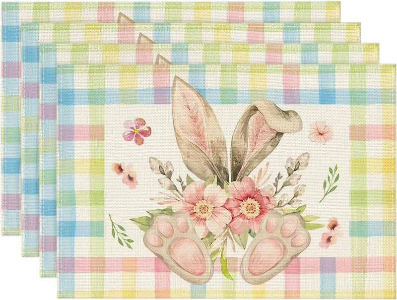Artoid Mode Pink White Buffalo Plaid Bunny Ear Foot Flower Easter Table Runner, Seasonal Kitchen Dining Table Decoration for Home Party Decor 13X72 Inch Home & Garden > Decor > Seasonal & Holiday Decorations Artoid Mode Pink/Blue 12" x 18", Placemats Set of 4 